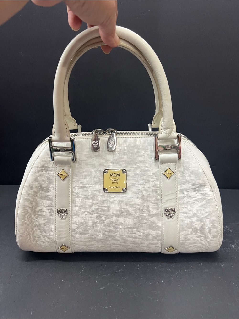 MCM White Leather Dome Satchel with Gold Plaque